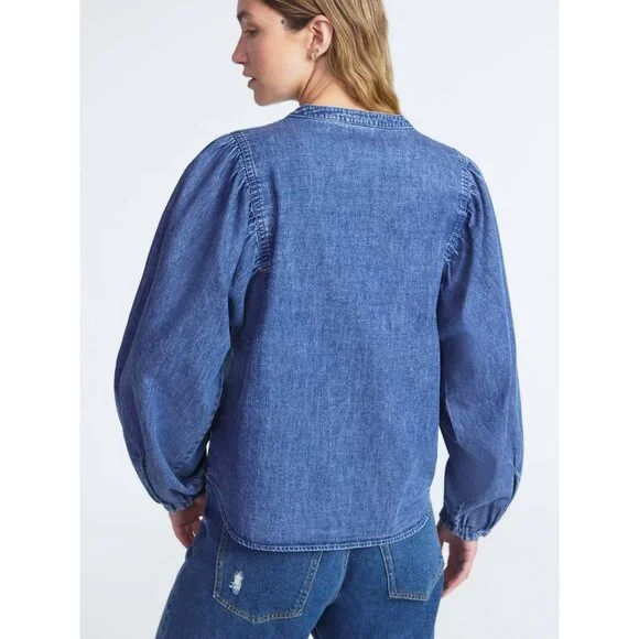 Scoop Women's Cotton Denim Shirt with Blouson Sleeves, Size S (4-6), Button - Picture 3 of 5
